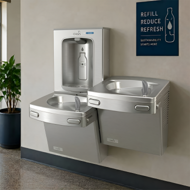 Click here to see Oasis 507046FPF Oasis VersaCooler II Bi-Level Drinking Fountain w/ Electronic Bottle Filler, Total PFAS, Non-Refrigerated, Stainless Steel - PGFEBFSL (507046FPF)