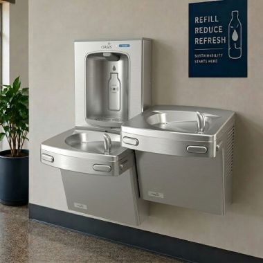 Click here to see Oasis 507458FRX Oasis VersaCooler II Bi-Level Drinking Fountain w/ Electronic Bottle Filler, Pharmaceutical, Refrigerated, 8 GPH, Stainless Steel - PG8FEBFSL-BRB (507458FRX)