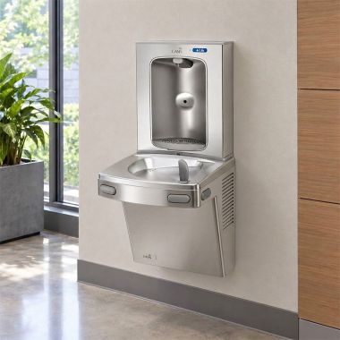 Click here to see Oasis 507049FPF Oasis VersaCooler II Drinking Fountain w/ Electronic Bottle Filler, Refrigerated, 8 GPH, Total PFAS, Stainless Steel - PG8FEBF (507049FPF)