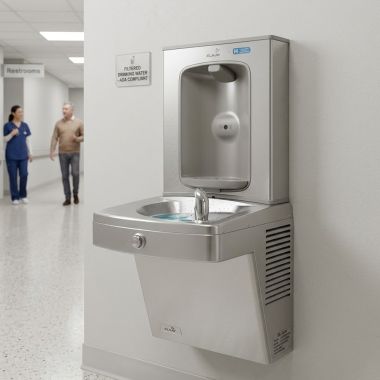 Click here to see Oasis 507065FPF Oasis Versacoller II Drinking Fountain w/ Electronic Bottle Filler, Total PFAS Filter, Non-Refrigerated, Stainless Steel - PGVFEBF (507065FPF)