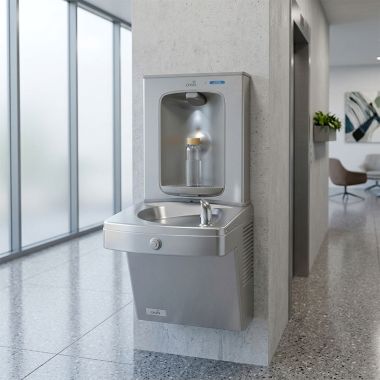 Click here to see Oasis 507066FRX Oasis VersaCooler II Single Drinking Fountain w/ Electronic Bottle Filler, Vandal Resistant Bubbler, Pharmaceutical Filter, Refrigerated, 8 GPH, Stainless Steel - PGV8FEBF (507066FRX)