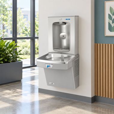 Click here to see Oasis 507080FPF Oasis VersaCooler II Single Contactless Drinking Fountain w/ Electronic Bottle Filler, Total PFAS Filter, Non-Refrigerated, Greystone - PGFEBFT (507080FPF)