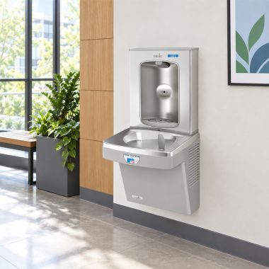 Click here to see Oasis 507080FVF Oasis VersaCooler II Single Contactless Drinking Fountain w/ Electronic Bottle Filler, VersaFilter lll, Non-Refrigerated, Greystone - PGFEBFT (507080FVF)