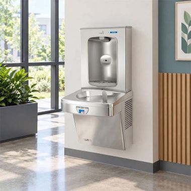 Click here to see Oasis 507082FPF Oasis VersaCooler II Single Contactless Drinking Fountain w/ Electronic Bottle Filler, Total PFAS Filter, Non-Refrigerated, Stainless Steel - PGFEBFT (507082FPF)