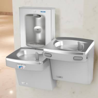 Click here to see Oasis 507092FPF Oasis VersaCooler II Bi-Level Contactless Drinking Fountain w/ Electronic Bottle Filler, Total PFAS Filter, Non-Refrigerated, Greystone - PGFEBFSLTM (507092FPF)