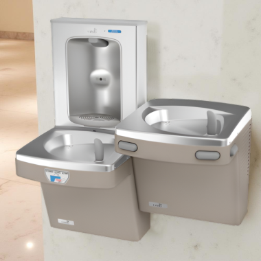 Click here to see Oasis 507093FPF Oasis VersaCooler II Bi-Level Contactless Drinking Fountain w/ Electronic Bottle Filler, Total PFAS Filter, Non-Refrigerated, Sandstone - PGFEBFSLTM (507093FPF)