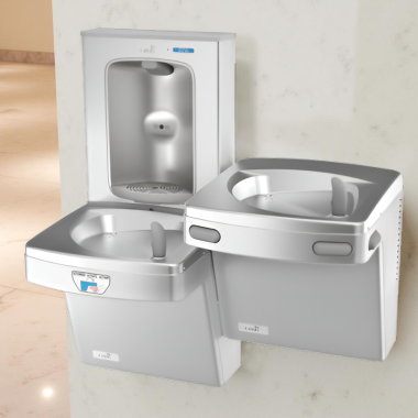 Click here to see Oasis 507094FPF Oasis VersaCooler II Bi-Level Contactless Drinking Fountain w/ Electronic Bottle Filler, Total PFAS Filter, Non-Refrigerated, Stainless Steel - PGFEBFSLTM (507094FPF)