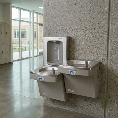Click here to see Oasis 507101FPF Oasis VersaCooler II Bi-Level Contactless Drinking Fountain w/ Electronic Bottle Filler, Total PFAS Filter, Refrigerated, 8 GPH, Greystone - PG8FEBFSLTT (507101FPF)