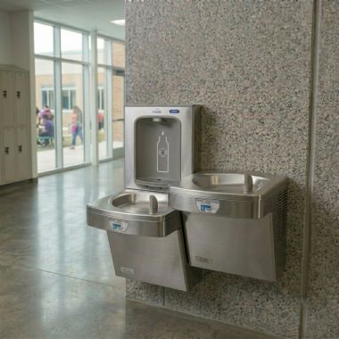 Click here to see Oasis 507103FRX Oasis VersaCooler II Bi-Level Contactless Drinking Fountain w/ Electronic Bottle Filler, Pharmaceutical Filter, Refrigerated, 8 GPH, Stainless Steel - PG8FEBFSLTT (507103FRX)