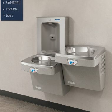 Click here to see Oasis 507104FRX Oasis VersaCooler II Bi-Level Contactless Drinking Fountain w/ Electronic Bottle Filler, Pharmaceutical Filter, Non-Refrigerated, Greystone - PGFEBFSLTT (507104FRX)