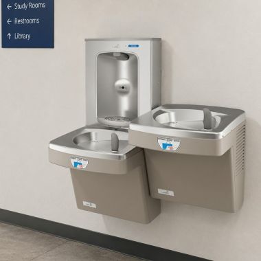 Click here to see Oasis 507105FVF Oasis VersaCooler II Bi-Level Contactless Drinking Fountain w/ Electronic Bottle Filler, VersaFilter lll, Non-Refrigerated, Sandstone - PGFEBFSLTT (507105FVF)