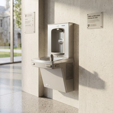 Click here to see Oasis 507191FRX Oasis VersaCooler II Single Drinking Fountain w/ Electronic Bottle Filler, Pharmaceutical Filter, Non-Refrigerated, Greystone - PGFEBF (507191FRX)