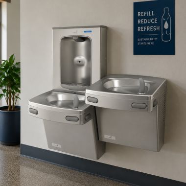 Click here to see  507043FVF Oasis VersaCooler II Bi-Level Drinking Fountain w/ Electronic Bottle Filler, VersaFilter lll, Refrigerated, 8 GPH, Greystone - PG8FEBFSL (507043FVF)