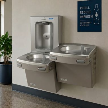 Click here to see Oasis 507044FPF Oasis VersaCooler II Bi-Level Drinking Fountain w/ Electronic Bottle Filler, Total PFAS Filter, Refrigerated, 8 GPH, Sandstone - PG8FEBFSL (507044FPF)