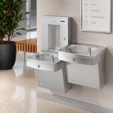 Click here to see Oasis 507570FPF Oasis Bi-Level Drinking Fountain with Electro-Mechanical Bottle Filler, Total PFAS Filter, Non-Refrigerated, Stainless Steel - PGVFSVBFSL-BRB (507570FPF)