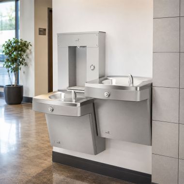 Click here to see Oasis 507598FPF Oasis Bi-Level Drinking Fountain with Bottle Filler, Total PFAS, Non-Refrigerated, Stainless Steel - PGVMFVBFSL-BRB (507598FPF)