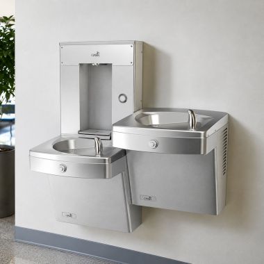 Click here to see Oasis 507598FRX Oasis Bi-Level Drinking Fountain with Bottle Filler, Pharmaceutical, Non-Refrigerated, Stainless Steel - PGVMFVBFSL-BRB (507598FRX)