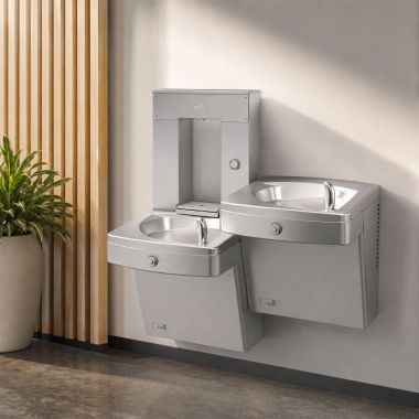 Click here to see Oasis 507598FVF Oasis Bi-Level Drinking Fountain with Bottle Filler, VersaFilter III, Non-Refrigerated, Stainless Steel - PGVMFVBFSL-BRB (507598FVF)