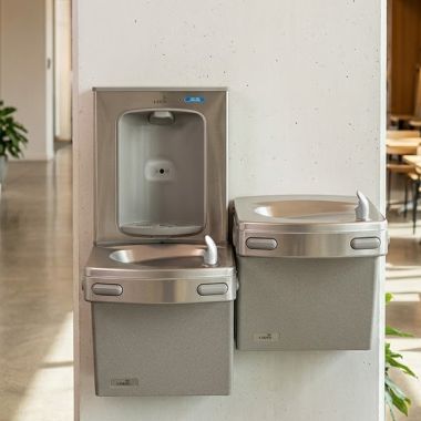 Click here to see Oasis 507613FRX Oasis VersaCooler II Bi-Level Drinking Fountain w/ Electronic Bottle Filler, Pharmaceutical, Non-Refrigerated, Stainless Steel - PGFEBFSL-BRB (507613FRX)