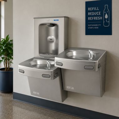 Click here to see Oasis 507609FVF Oasis VersaCooler II Bi-Level Drinking Fountain w/ Electronic Bottle Filler, VersaFilter III, Refrigerated, 8 GPH, Greystone - PG8FEBFSL-BRB (507609FVF)