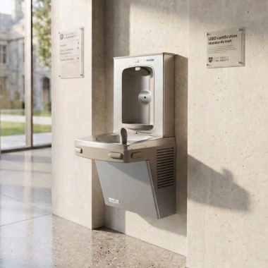 Click here to see Oasis 507611FPF Oasis VersaCooler II Single Drinking Fountain w/ Electronic Bottle Filler, Total PFAS, Non-Refrigerated, Stainless Steel - PGFEBF-BRB (507611FPF)