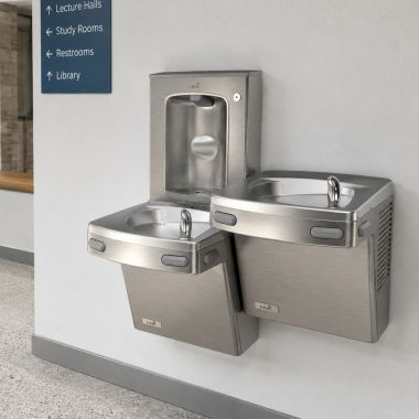 Click here to see Oasis 507621FVF Oasis VersaCooler II Bi-Level Drinking Fountain w/ Mechanical Bottle Filler, VersaFilter III, Non-Refrigerated, Stainless Steel - PGFSBFSL-BRB (507621FVF)