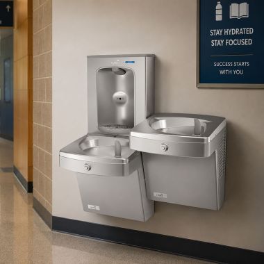 Click here to see Oasis 507624FVF Oasis VersaCooler II Bi-level Drinking Fountain w/ Electronic Bottle Filler, VersaFilter III, Refrigerated, 8 GPH, Stainless Steel - PGV8FEBFSL-BRB (507624FVF)