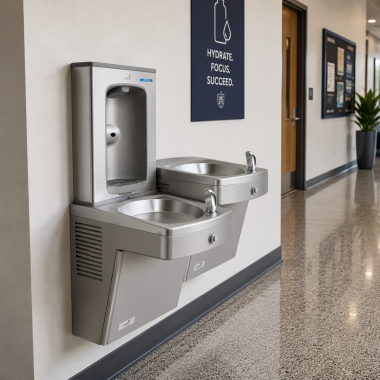 Click here to see Oasis 507625FPF Oasis VersaCooler II Bi-Level Drinking Fountain w/ Electronic Bottle Filler, Total PFAS, Non-Refrigerated, Stainless Steel - PGVFEBFSL-BRB (507625FPF)