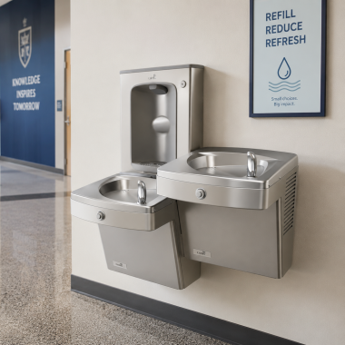 Click here to see Oasis 507627FPF Oasis VersaCooler II Bi-Level Drinking Fountain w/ Mechanical Bottle Filler, Total PFAS, Refrigerated, 8 GPH, Stainless Steel - PGV8FSBFSL-14G (507627FPF)