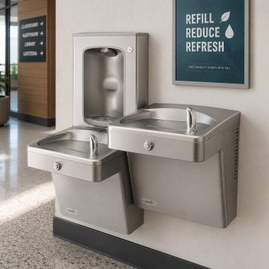 Click here to see Oasis 507629FPF Oasis VersaCooler II Bi-Level Drinking Fountain w/ Mechanical Bottle Filler, Total PFAS, Refrigerated, 8 GPH, Stainless Steel - PGV8FSBFSL-BRB (507629FPF)