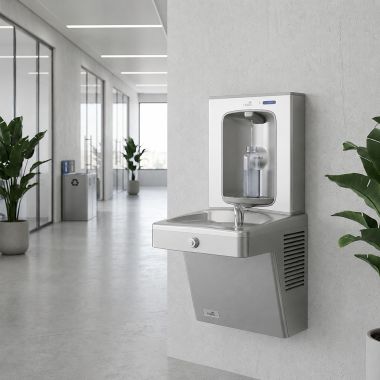 Click here to see Oasis 507631FPF Oasis VersaCooler II Single Drinking Fountain w/ Electronic Bottle Filler, Total PFAS, Refrigerated, 8 GPH, Stainless Steel - PGV8EBF-14G (507631FPF)