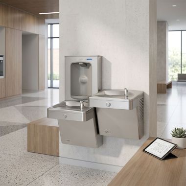 Click here to see Oasis 507632FPF Oasis VersaCooler II Bi-Level Drinking Fountain w/ Electronic Bottle Filler, Total PFAS, Refrigerated, 8 GPH, Stainless Steel - PGV8FEBFSL-14G (507632FPF)