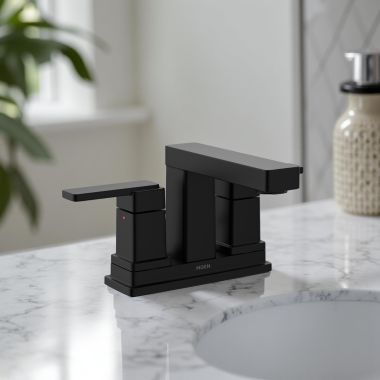 Click here to see Moen 6815BL Moen Iver Centerset Two-Handle Bathroom Faucet, ADA, WaterSense, 1 GPM, Matte Black - 6815BL