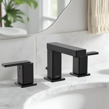 Click here to see Moen TV6820BL Moen Iver Two Handle Widespread Bathroom Faucet, WaterSense, 1.0 GPM, Matte Black - TV6820BL 