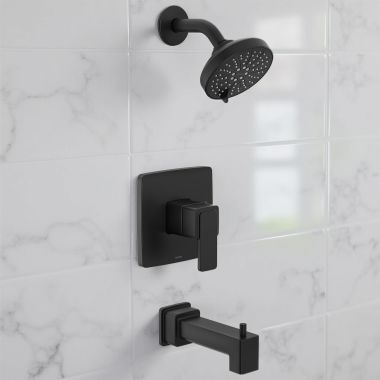 Click here to see Moen UT2583NHBL Moen Iver M-Core 2 Tub and Shower Trim with Pressure Balance Cartridge, ADA, 1.75 GPM, Less Showerhead, Matte Black - UT2583NHBL