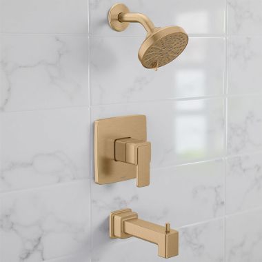 Click here to see Moen UT2583EPBZG Moen Iver M-Core 2 Tub and Shower Trim with Pressure Balance Cartridge, ADA, 1.75 GPM, Bronzed Gold - UT2583EPBZG