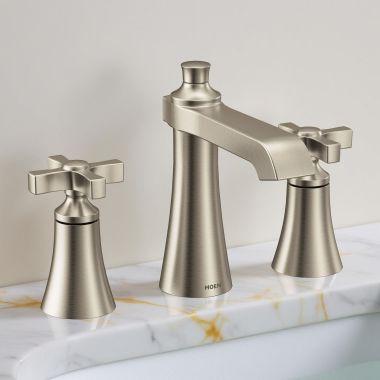 Click here to see Moen TVS6985BN Moen Flara Two-Handle Widespread Lavatory Faucet with Valve and Pop-Up Drain, Cross Handle, 1.2 GPM, Duralock, Brushed Nickel - TVS6985BN