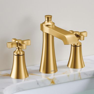 Click here to see Moen TVS6985BG Moen Flara Two-Handle Widespread Lavatory Faucet with Valve and Pop-Up Drain, Cross Handle, 1.2 GPM, Duralock, Brushed Gold - TVS6985BG