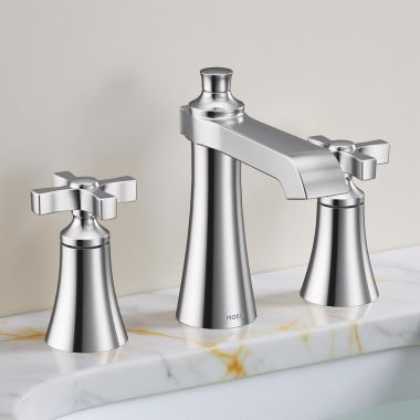 Click here to see Moen TVS6985 Moen Flara Two-Handle Widespread Lavatory Faucet with Valve and Pop-Up Drain, Cross Handle, 1.2 GPM, Duralock, Chrome - TVS6985