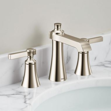 Click here to see Moen TVS6984NL Moen Flara Two-Handle Widespread Lavatory Faucet with Valve and Pop-Up Drain, Lever Handle, 1.2 GPM, Duralock, Polished Nickel - TVS6984NL