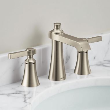 Click here to see Moen TVS6984BN Moen Flara Two-Handle Widespread Lavatory Faucet with Valve and Pop-Up Drain, Lever Handle, 1.2 GPM, Duralock, Brushed Nickel - TVS6984BN