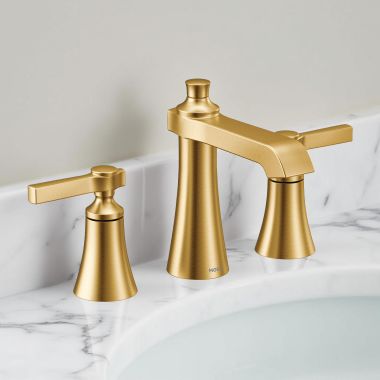 Click here to see Moen TVS6984BG Moen Flara Two-Handle Widespread Lavatory Faucet with Valve and Pop-Up Drain, Lever Handle, 1.2 GPM, Duralock, Brushed Gold - TVS6984BG