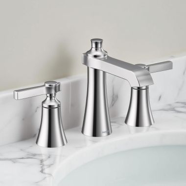 Click here to see Moen TVS6984 Moen Flara Two-Handle Widespread Lavatory Faucet with Valve and Pop-Up Drain, Lever Handle, 1.2 GPM, Duralock, Chrome - TVS6984