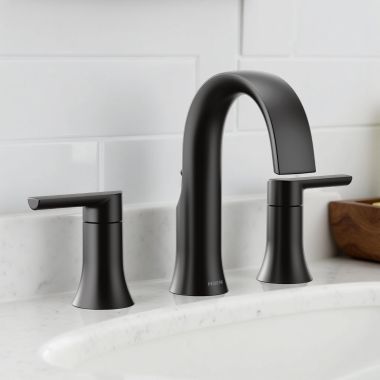 Click here to see Moen TVS6925BL Moen Doux Two-Handle Widespread Bathroom Faucet with Valve and Pop-Up Drain, Lever Handle, 1.2 GPM, Duralock, Matte Black - TVS6925BL