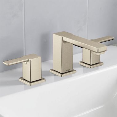 Click here to see Moen TVS6721BN Moen 90 Degree Two-Handle Widespread Bathroom Faucet with Valve and Pop-Up Drain, Lever Handle, 1.2 GPM, Duralock, Brushed Nickel - TVS6721BN