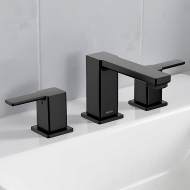 Click here to see Moen TVS6721BL Moen 90 Degree Two-Handle Widespread Bathroom Faucet with Valve and Pop-Up Drain, Lever Handle, 1.2 GPM, Duralock, Matte Black - TVS6721BL