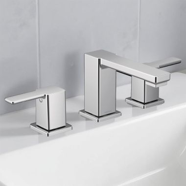 Click here to see Moen TVS6721 Moen 90 Degree Two-Handle Widespread Bathroom Faucet with Valve and Pop-Up Drain, Lever Handle, 1.2 GPM, Duralock, Chrome - TVS6721