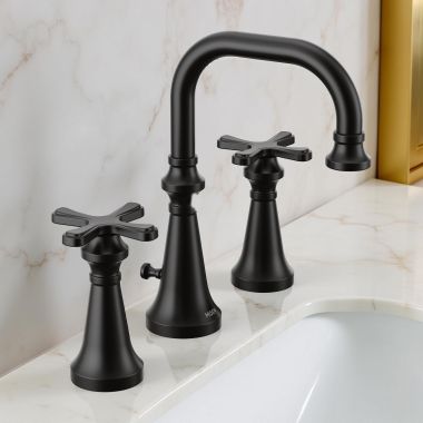 Click here to see Moen TVS44103BL Moen Colinet Two-Handle Widespread Lavatory Faucet with Valve and Pop-Up Drain, Cross Handle, 1.2 GPM, Duralock, Matte Black - TVS44103BL