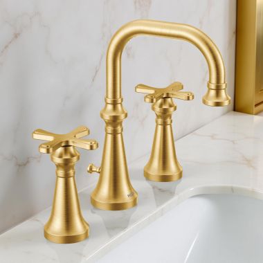 Click here to see Moen TVS44103BG Moen Colinet Two-Handle Widespread Lavatory Faucet with Valve and Pop-Up Drain, Cross Handle, 1.2 GPM, Duralock, Brushed Gold - TVS44103BG