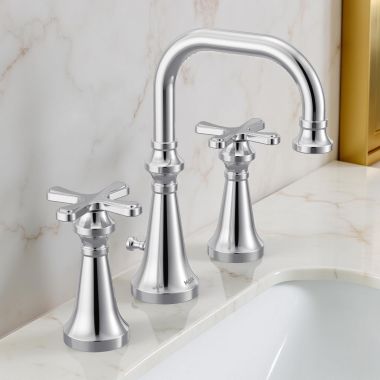 Click here to see Moen TVS44103 Moen Colinet Two-Handle Widespread Lavatory Faucet with Valve and Pop-Up Drain, Cross Handle, 1.2 GPM, Duralock, Chrome - TVS44103